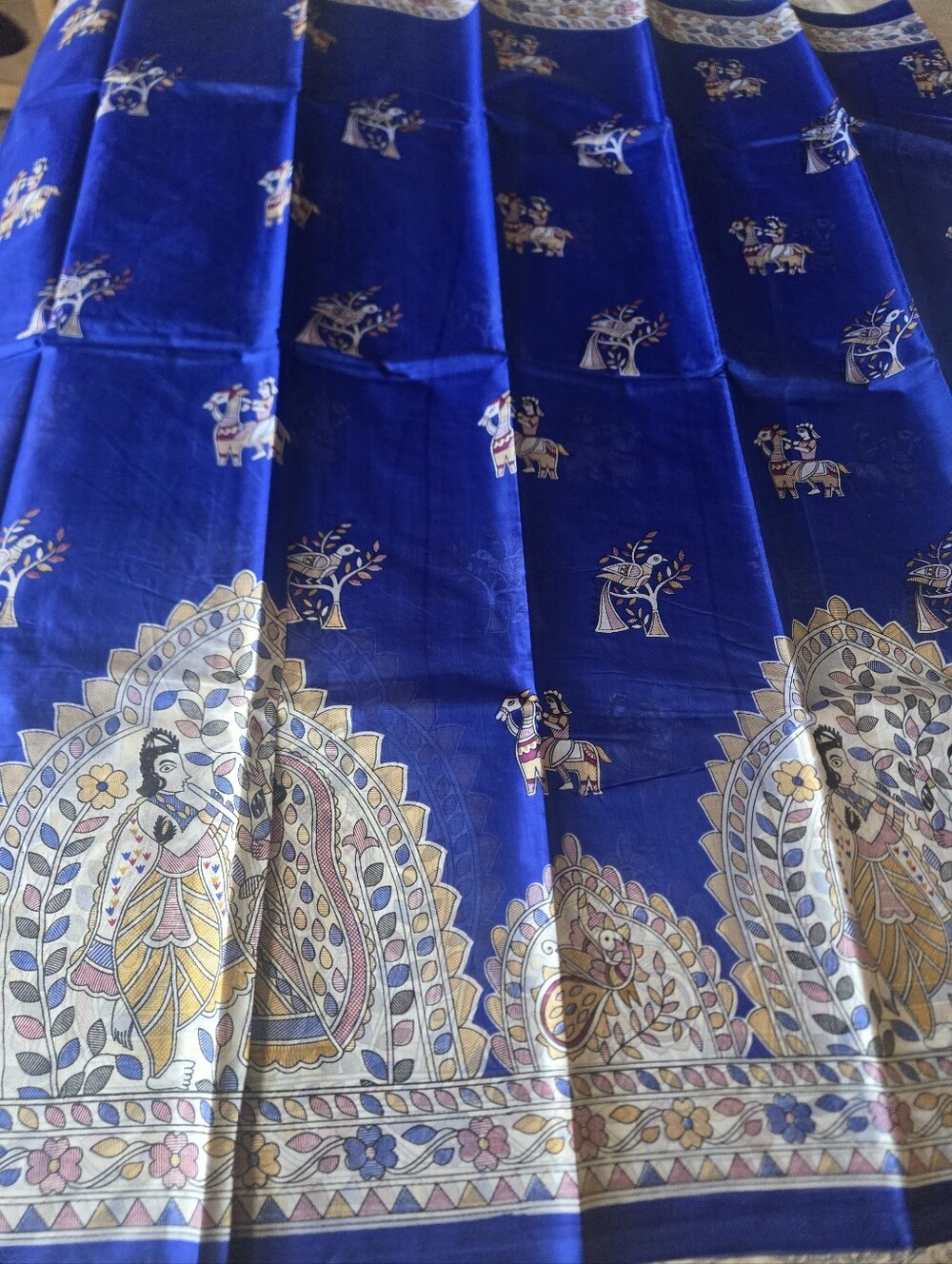Beautiful New Royal Blue Pure Murshidabad Silk Saree with Madhubani Block Prints